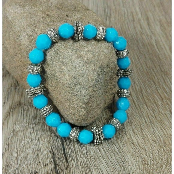 Blue & Silver Stones Beaded Bracelet Gemstones Beads Jewelry Jewel Trinket Gift - Picture 5 of 10